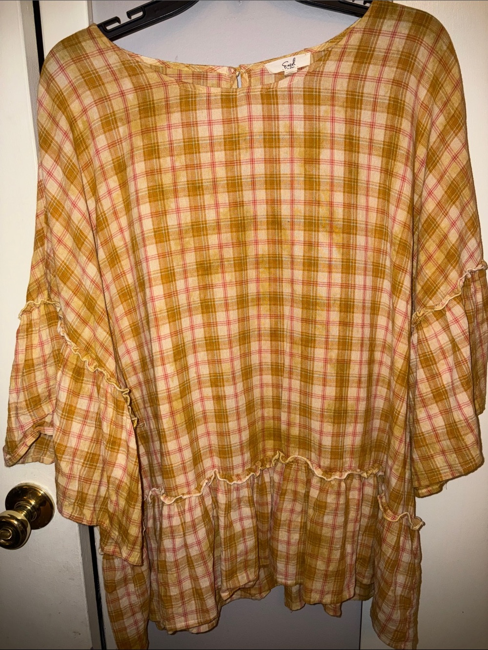 easel Plaid Ruffle Peasant Top in Yellow and Pink